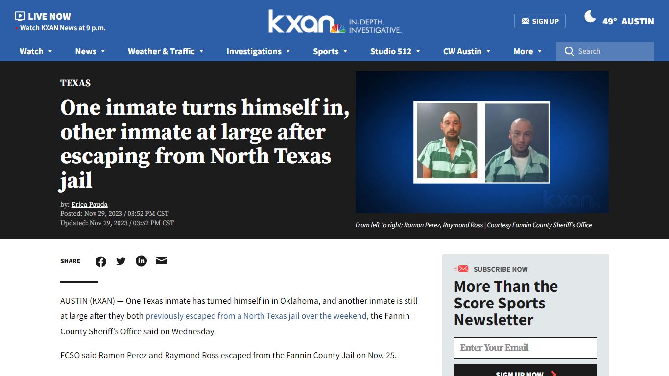 One inmate turns himself in, other inmate at large after escaping from ...